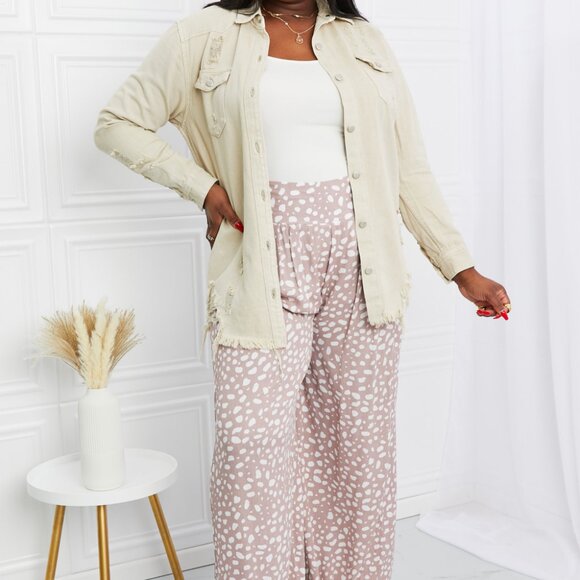 American Bazi Full Size Distressed Button Down Denim Jacket in Sand - Picture 2 of 11